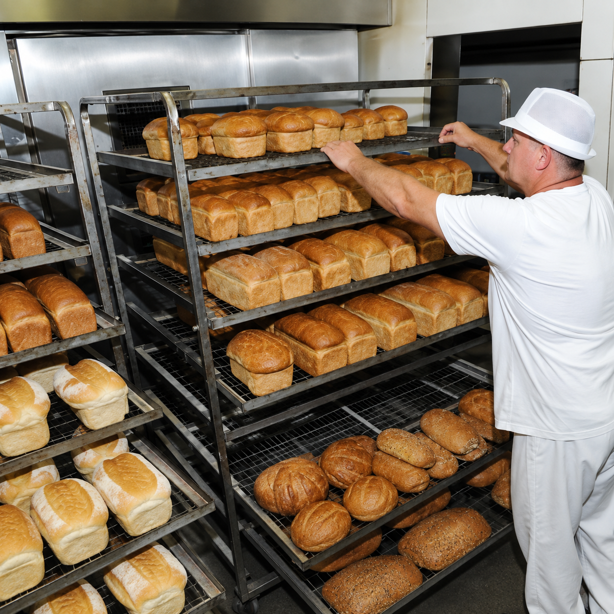 A GlennGarry baker holding fresh bread on the bakery racks
