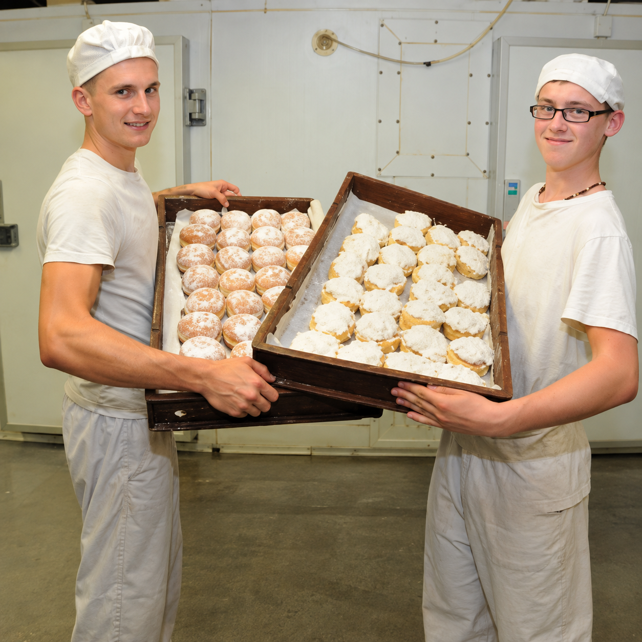 Two GlennGarry bakers carrying a tray of buns